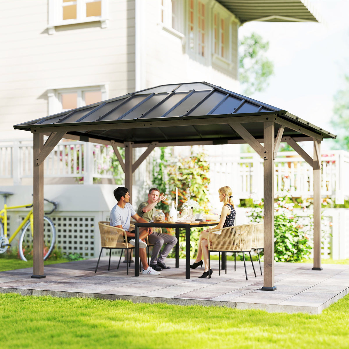 Pavillon à toit rigide en bois 10' x 12' avec toit transparent, Light Walnut