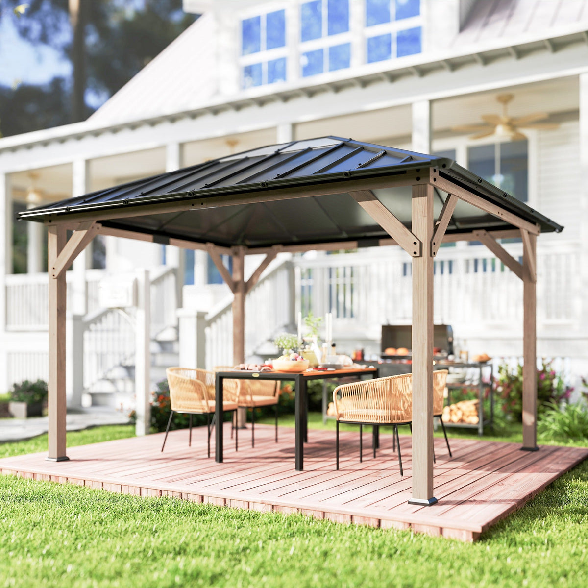 Pavillon à toit rigide en bois 10' x 12' avec toit transparent, Light Walnut