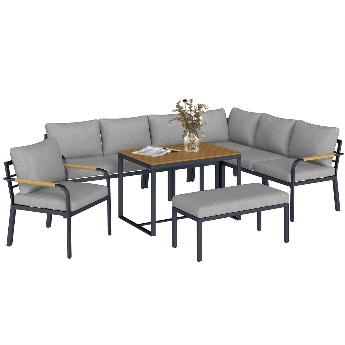 Ensemble mobilier de jardin 7 places avec table aspect bois, gris clair