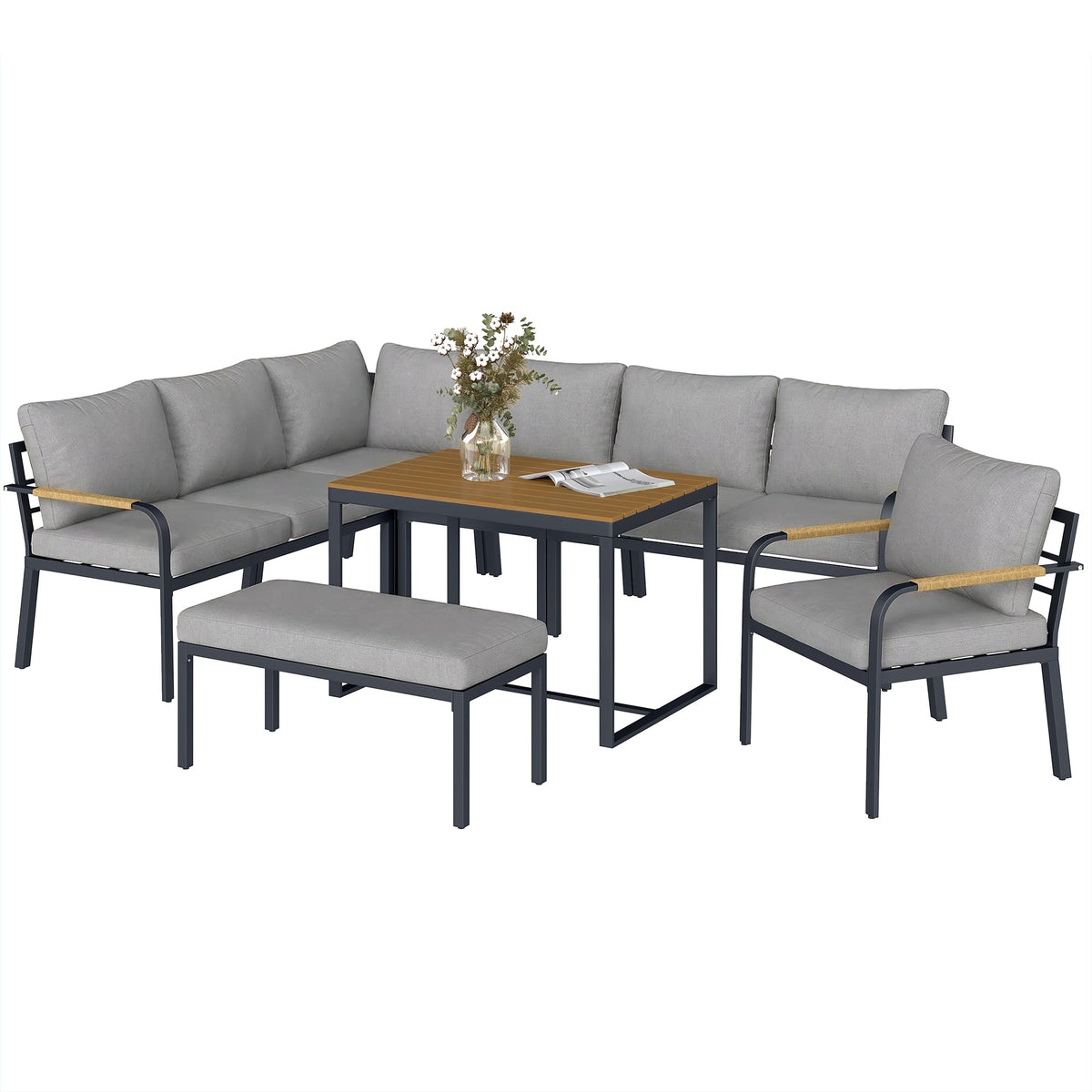 Ensemble mobilier de jardin 7 places avec table aspect bois, gris clair