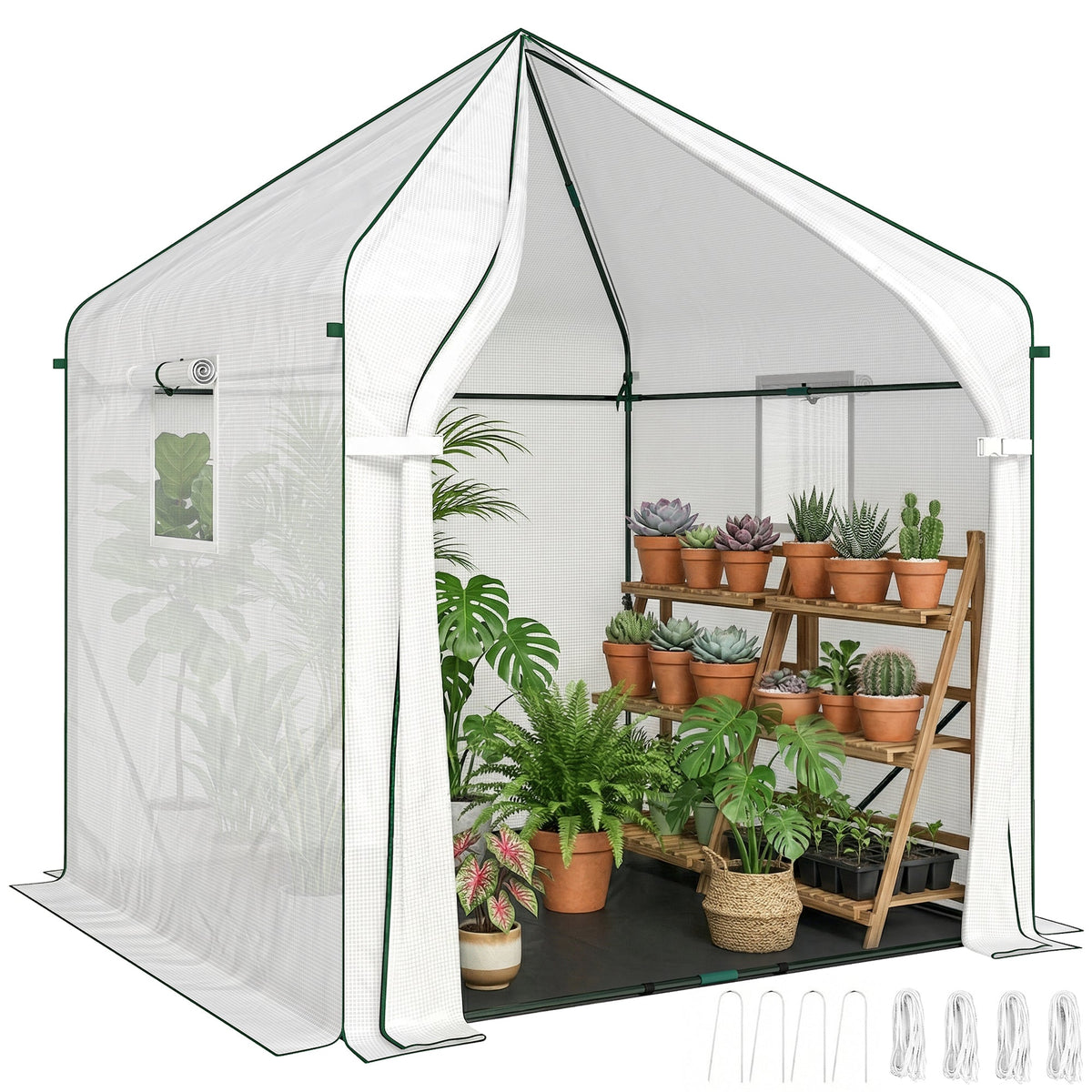 63 pouces x 63 pouces x 78.7 pouces Mini Walk-en Serre de Jardin avec PE Cover, Roll-up Door & 3 Mesh Windows, Blanc Pur - Outsunny