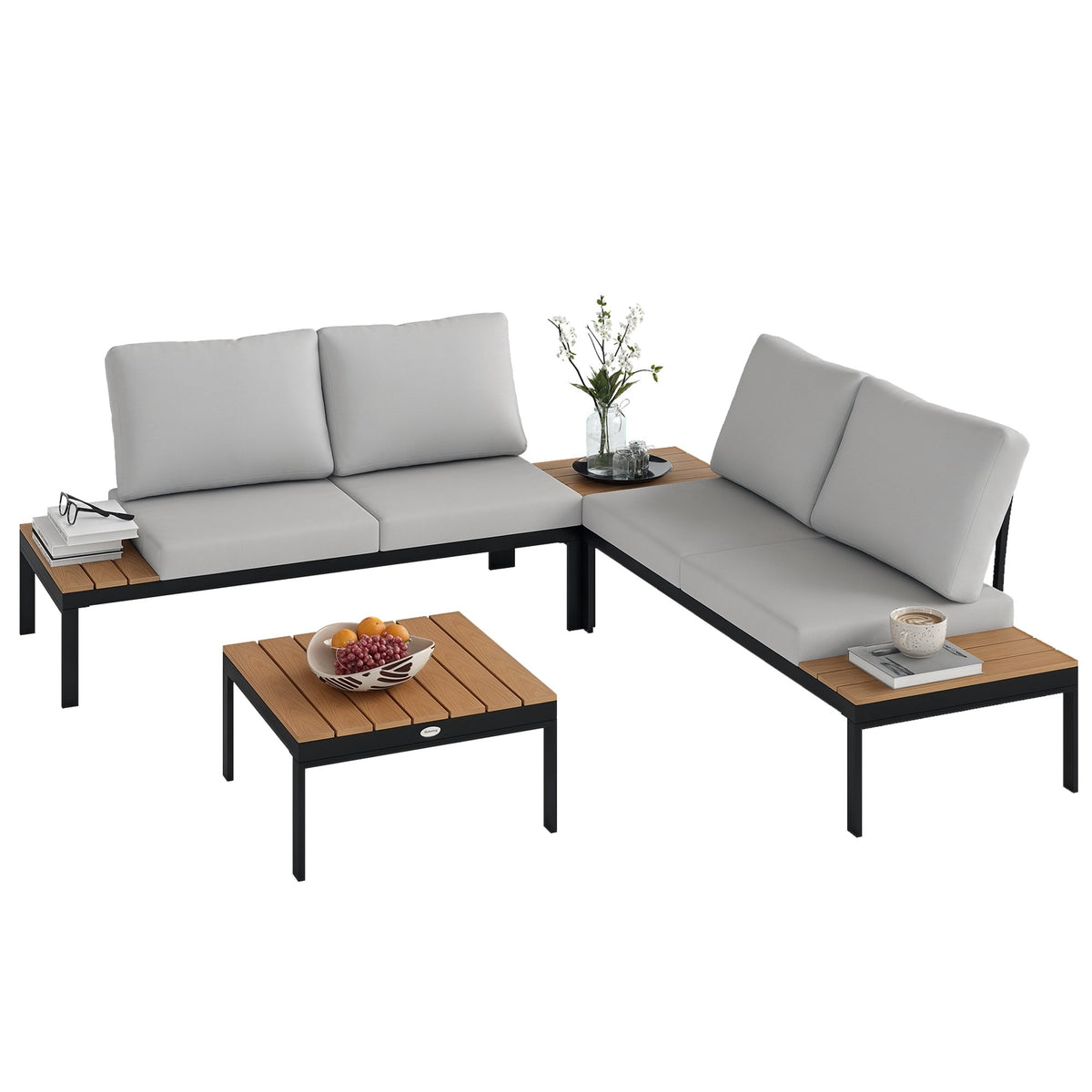 Ensemble mobilier de jardin en L 4 pièces avec 2 tables basses, Teak