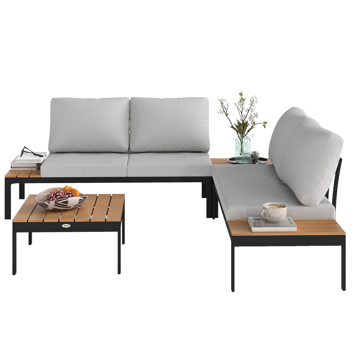 Ensemble mobilier de jardin en L 4 pièces avec 2 tables basses, Teak