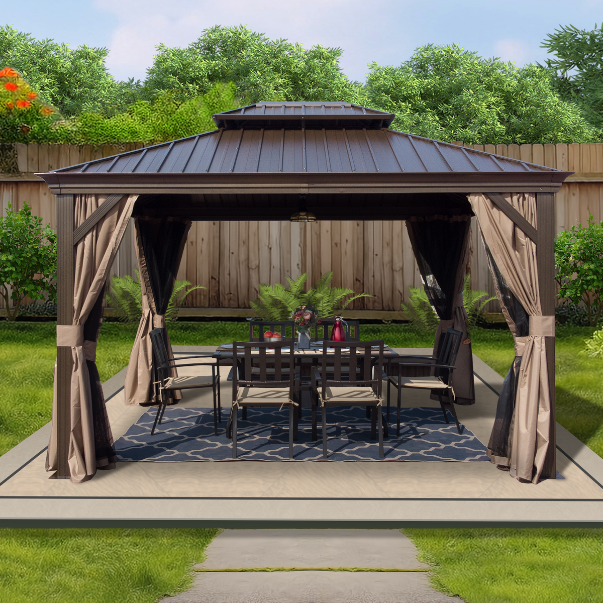 Kozyard Alexander 10' x 12' – Pavillon à toit rigide avec structure en aluminium, double toit en acier galvanisé, rideaux et moustiquaires, marron