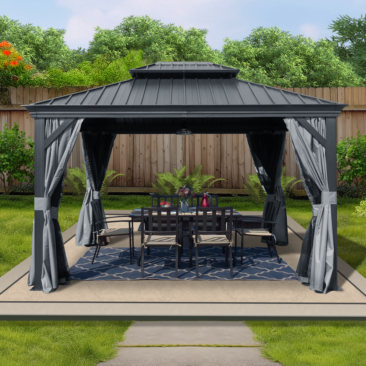 Kozyard Alexander 10' X 12' – Pavillon métallique en aluminium à toit rigide avec double toit en acier galvanisé, rideau et moustiquaire, gris