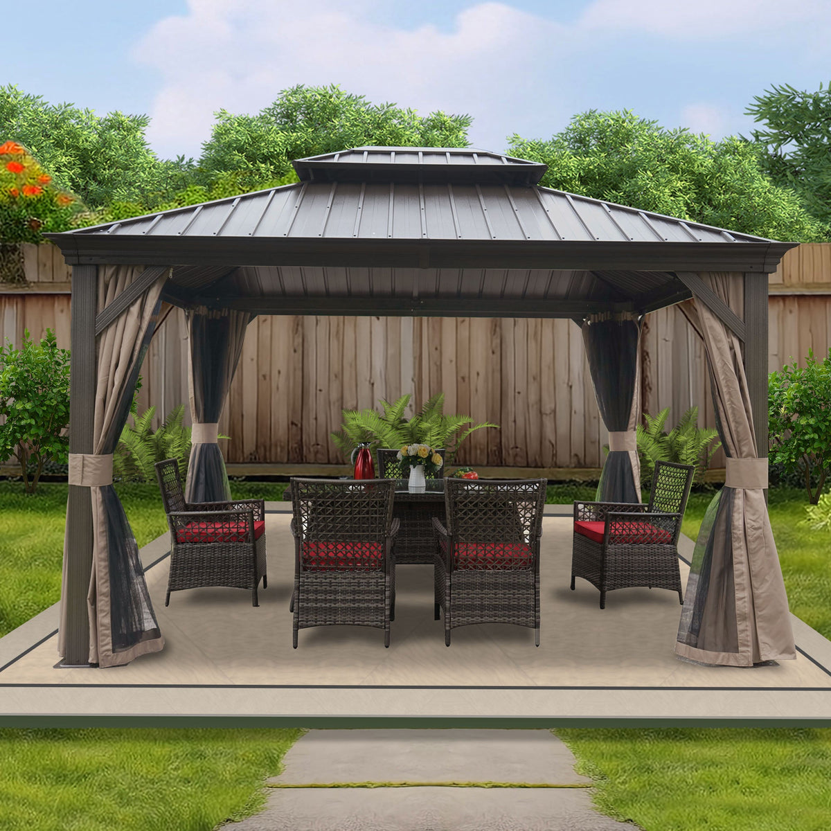 Kozyard Alexander 12' x 12' – Pavillon à toit rigide avec structure en aluminium, double toit en acier galvanisé, rideaux et moustiquaires, marron