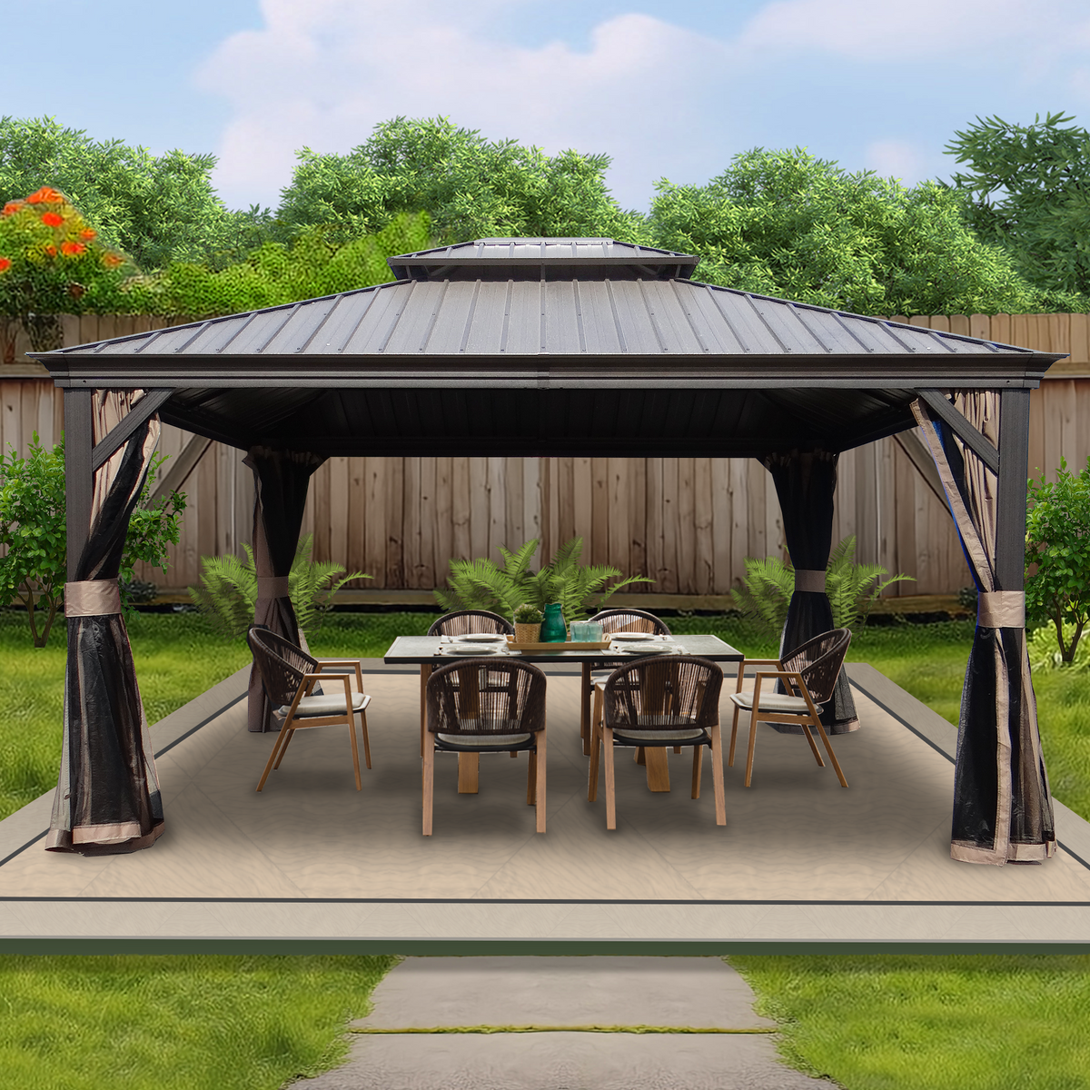 Kozyard Alexander 12' x 14' – Pavillon à toit rigide avec structure en aluminium, double toit en acier galvanisé, rideaux et moustiquaires, marron