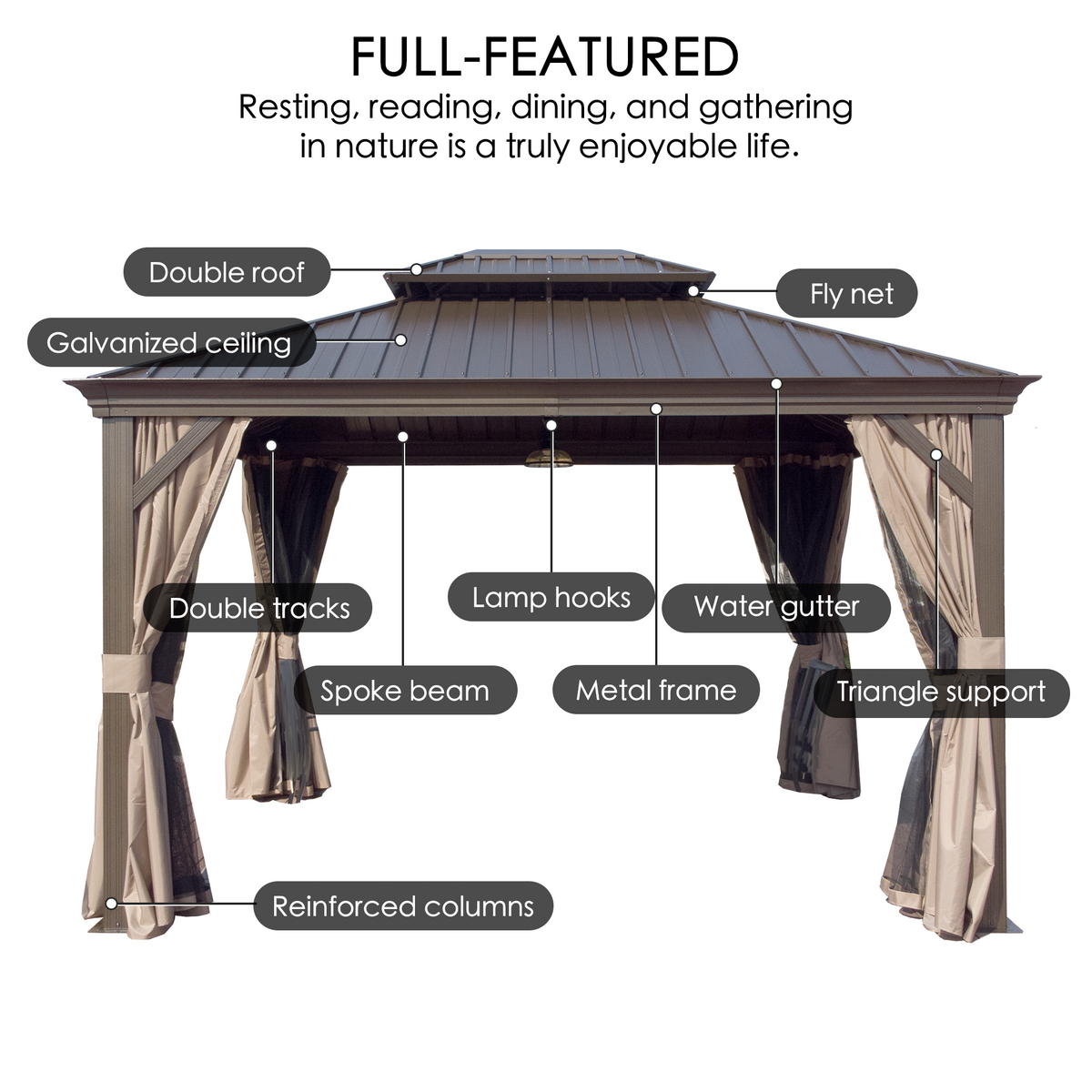 Kozyard Alexander 12' x 14' – Pavillon à toit rigide avec structure en aluminium, double toit en acier galvanisé, rideaux et moustiquaires, marron