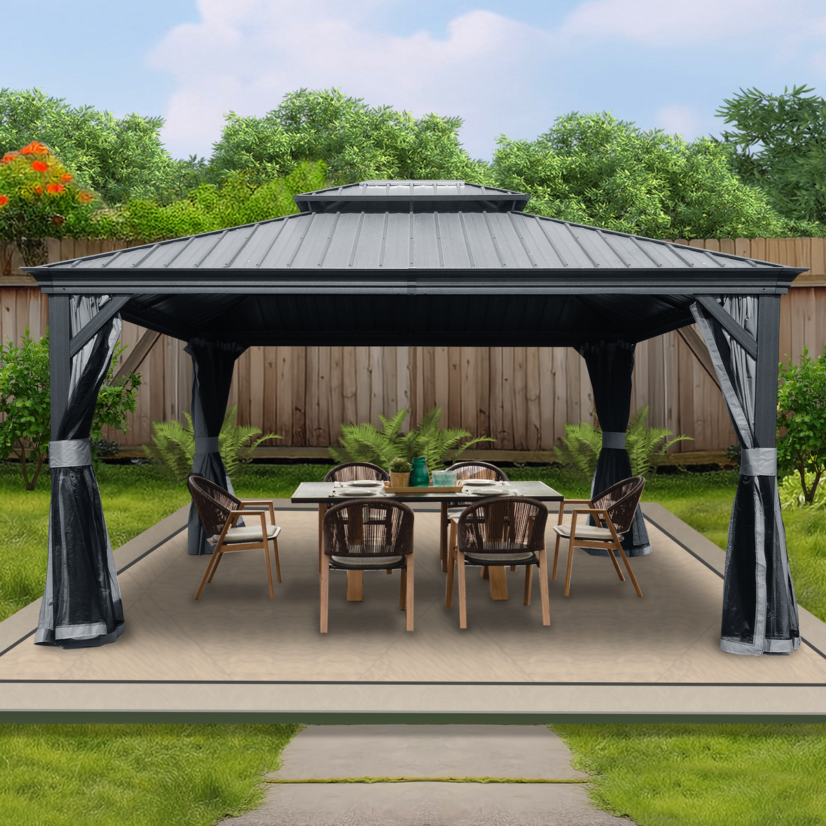 Kozyard Alexander 12' x 14' – Pavillon à toit rigide avec structure en aluminium, double toit en acier galvanisé, rideaux et moustiquaires, gris