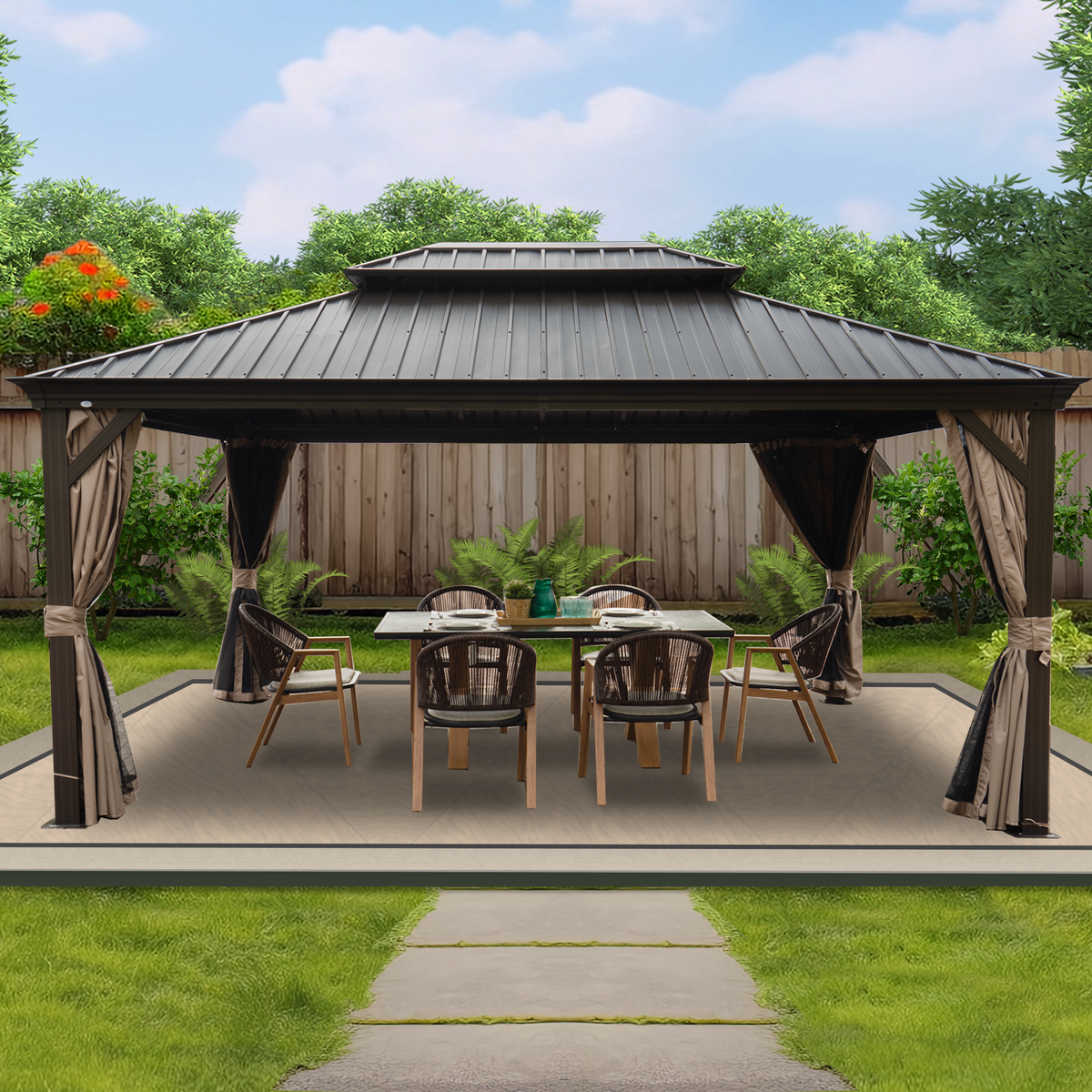 Kozyard Alexander 12' x 16' – Pavillon à toit rigide avec structure en aluminium, double toit en acier galvanisé, rideaux et moustiquaires, marron