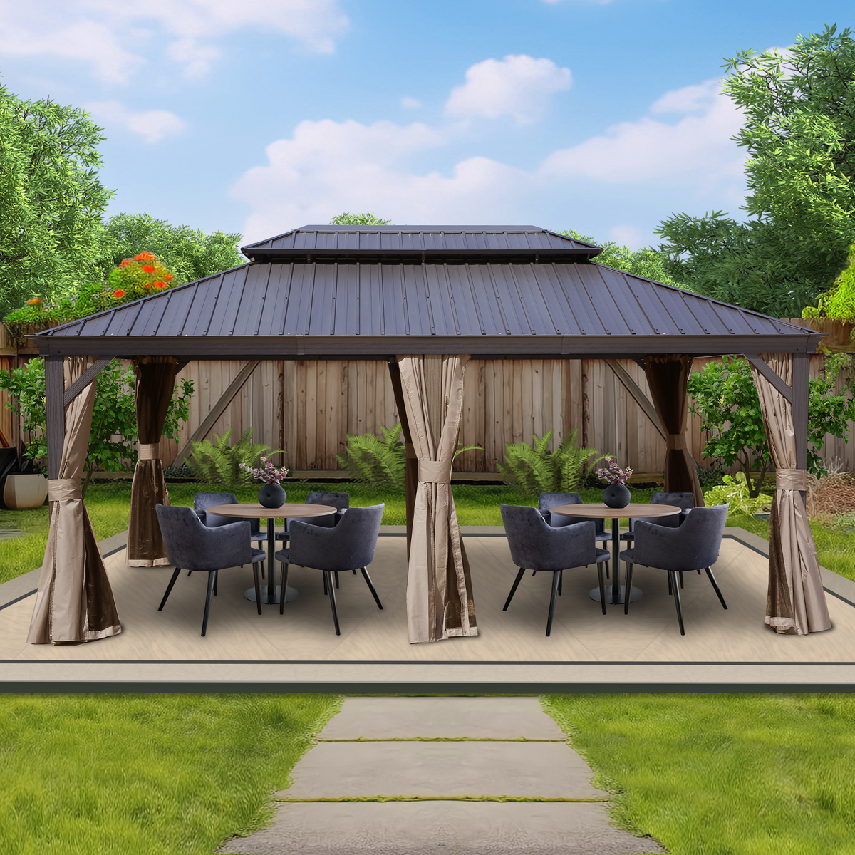 Kozyard Alexander 12' x 18' – Pavillon à toit rigide avec structure en aluminium, double toit en acier galvanisé, rideaux et moustiquaires, marron