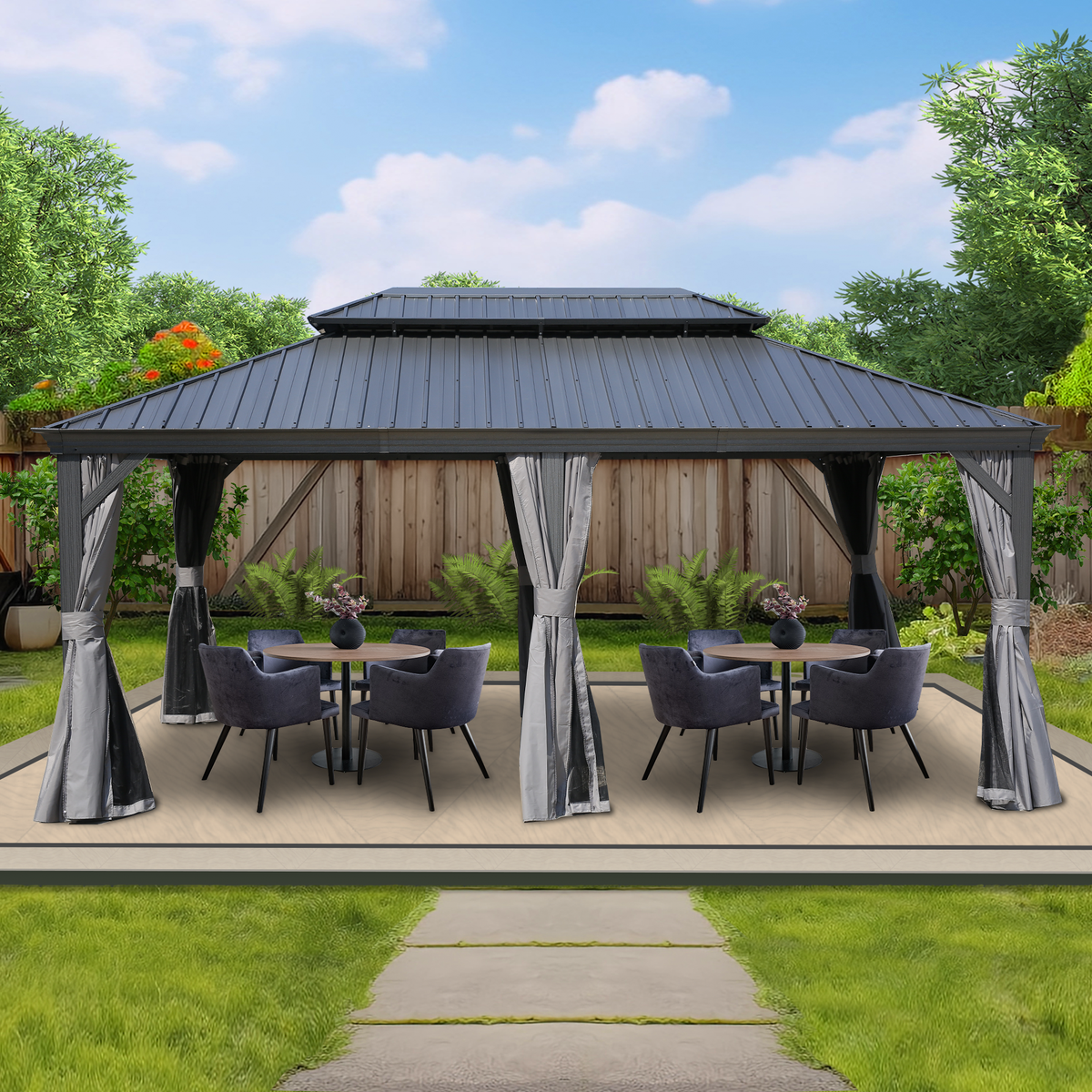 Kozyard Alexander 12' x 18' – Pavillon à toit rigide avec structure en aluminium, double toit en acier galvanisé, rideaux et moustiquaires, LawnGray