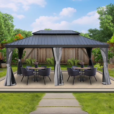 Kozyard Alexander 12' x 18' – Pavillon à toit rigide avec structure en aluminium, double toit en acier galvanisé, rideaux et moustiquaires, LawnGray