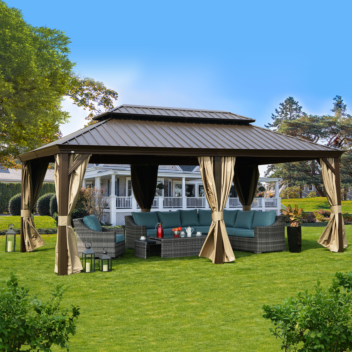 Kozyard Alexander 12' x 20' – Pavillon à toit rigide avec structure en aluminium, double toit en acier galvanisé, rideaux et moustiquaires, LawnBrown