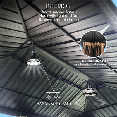 Kozyard Alexander 12' x 20' – Pavillon à toit rigide avec structure en aluminium, double toit en acier galvanisé, rideaux et moustiquaires, LawnBrown