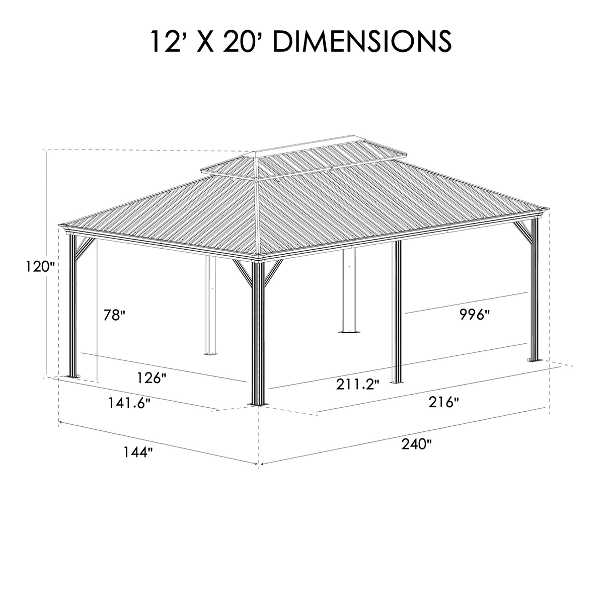 Kozyard Alexander 12' x 20' – Pavillon à toit rigide avec structure en aluminium, double toit en acier galvanisé, rideaux et moustiquaires, LawnBrown