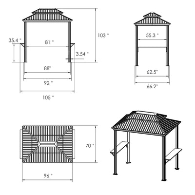 Kozyard 6' x 8' – Pavillon à toit rigide pour barbecue avec double toit en acier galvanisé, structure en aluminium et 2 tablettes latérales intégrées en acier