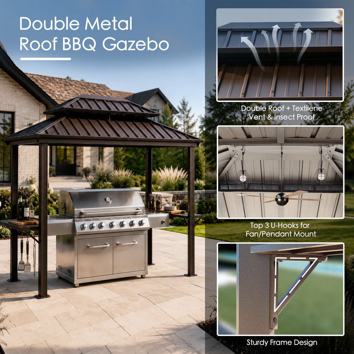 Kozyard 6' x 8' – Pavillon à toit rigide pour barbecue avec double toit en acier galvanisé, structure en aluminium et 2 tablettes latérales intégrées en acier
