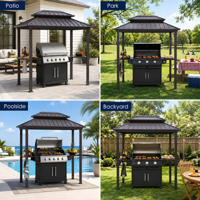 Kozyard 6' x 8' – Pavillon à toit rigide pour barbecue avec double toit en acier galvanisé, structure en aluminium et 2 tablettes latérales intégrées en acier