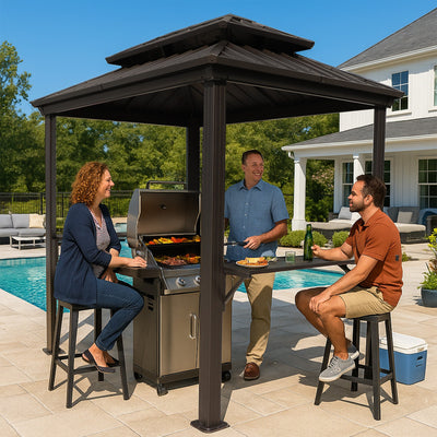 Kozyard 6' x 8' – Pavillon à toit rigide pour barbecue avec double toit en acier galvanisé, structure en aluminium et 2 tablettes latérales intégrées en acier