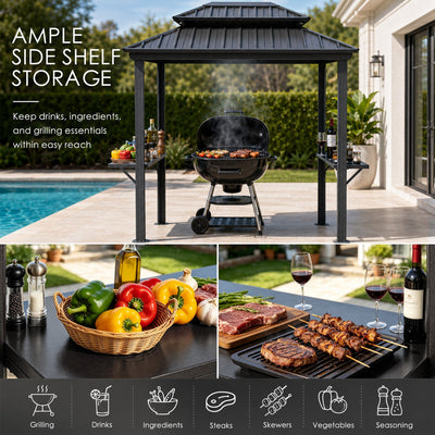 Kozyard 6' x 8' – Pavillon à toit rigide pour barbecue avec double toit en acier galvanisé, structure en aluminium et 2 tablettes latérales intégrées en acier
