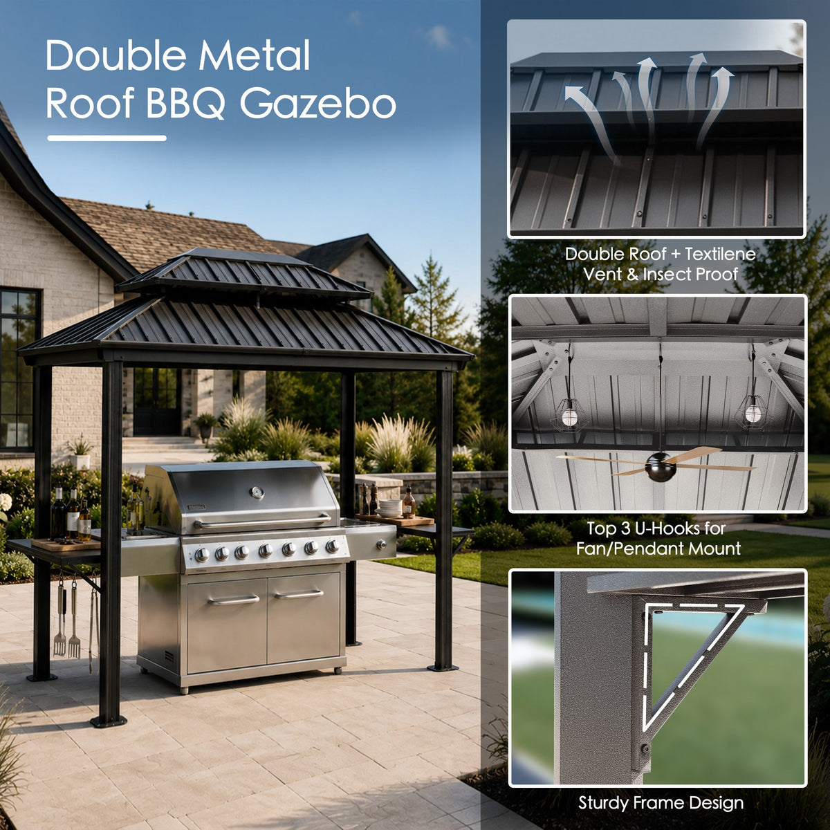 Kozyard 6' x 8' – Pavillon à toit rigide pour barbecue avec double toit en acier galvanisé, structure en aluminium et 2 tablettes latérales intégrées en acier