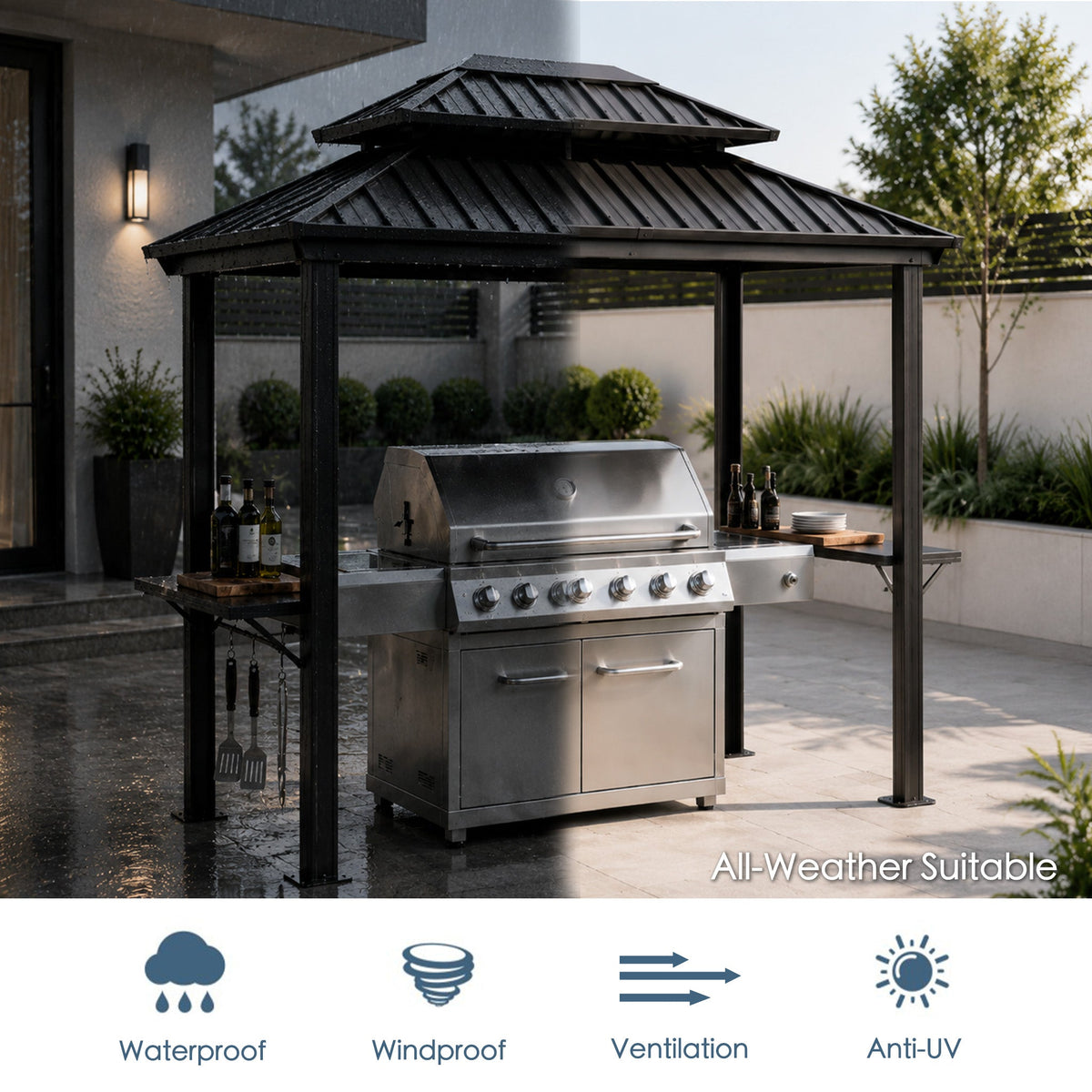 Kozyard 6' x 8' – Pavillon à toit rigide pour barbecue avec double toit en acier galvanisé, structure en aluminium et 2 tablettes latérales intégrées en acier