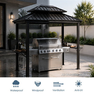 Kozyard 6' x 8' – Pavillon à toit rigide pour barbecue avec double toit en acier galvanisé, structure en aluminium et 2 tablettes latérales intégrées en acier