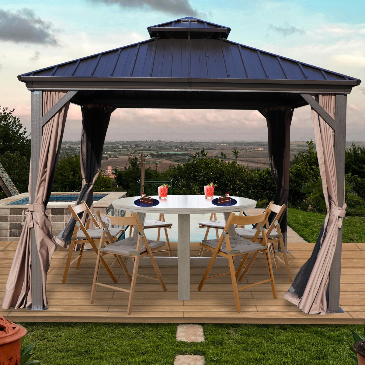 Kozyard Caesar – Pavillon métallique permanent à toit rigide avec moustiquaires et rideaux occultants pour terrasse, arrière-cour et deck