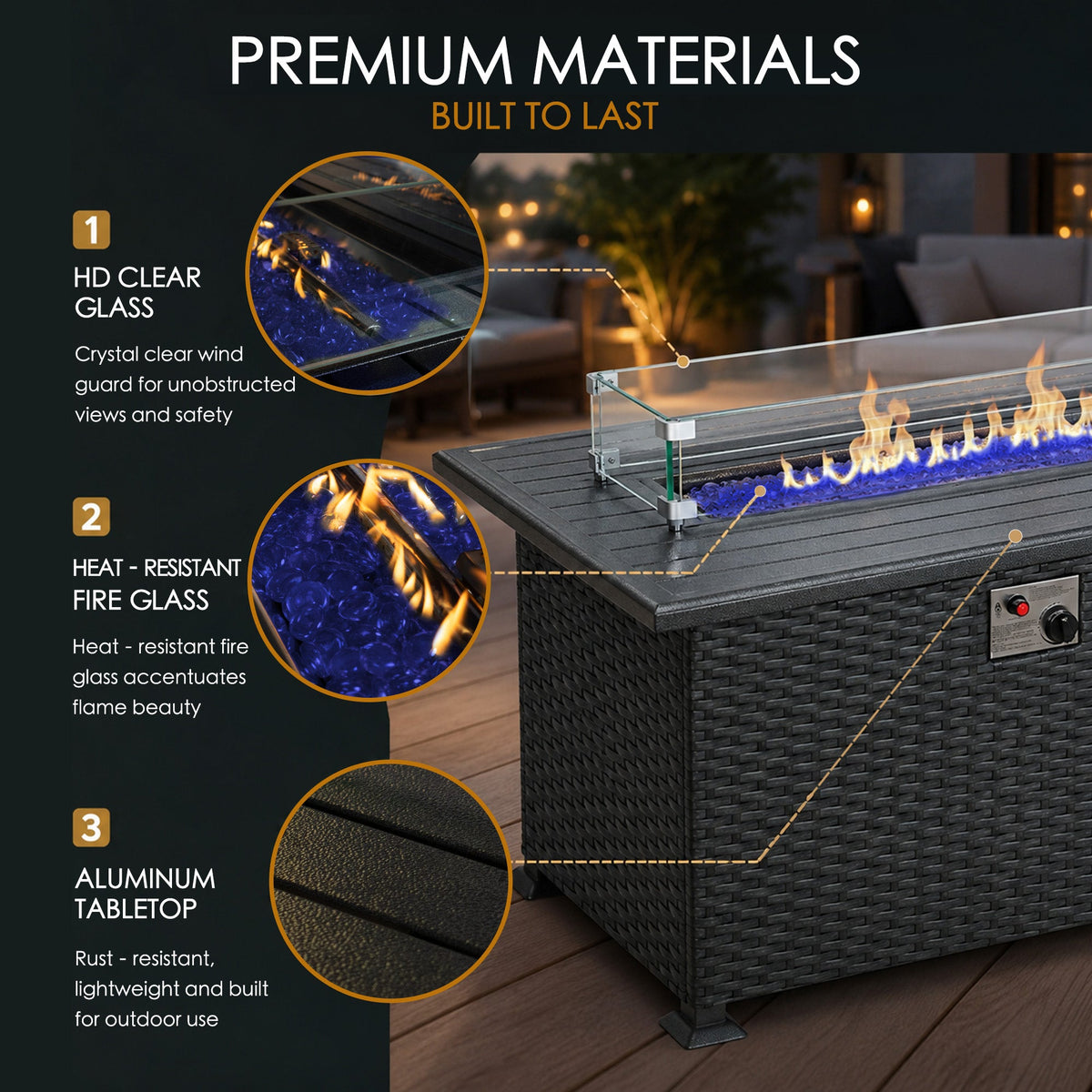 Kozyard – Table brasero de terrasse au propane 50,000 BTU, design en résine tressée, plateau en aluminium, pare-vent en verre, verre décoratif bleu et support coulissant pour bouteille