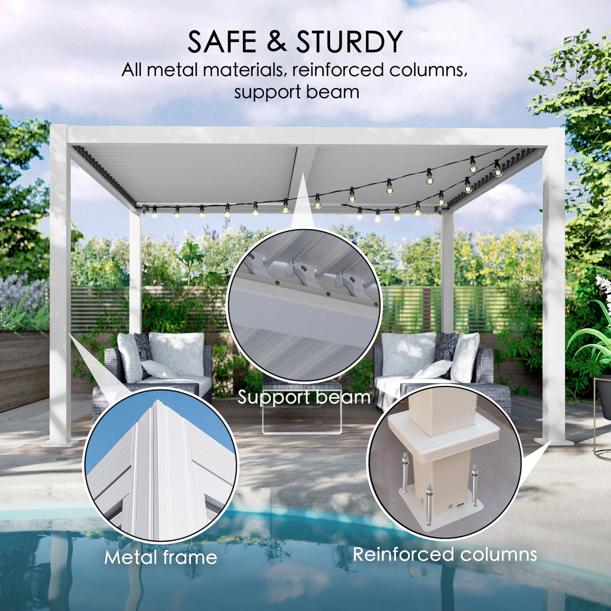 Kozyard – Pergola extérieure en aluminium à lames orientables avec ombrage, système de drainage et toit réglable imperméable pour piscine, balcon, terrasse et jardin