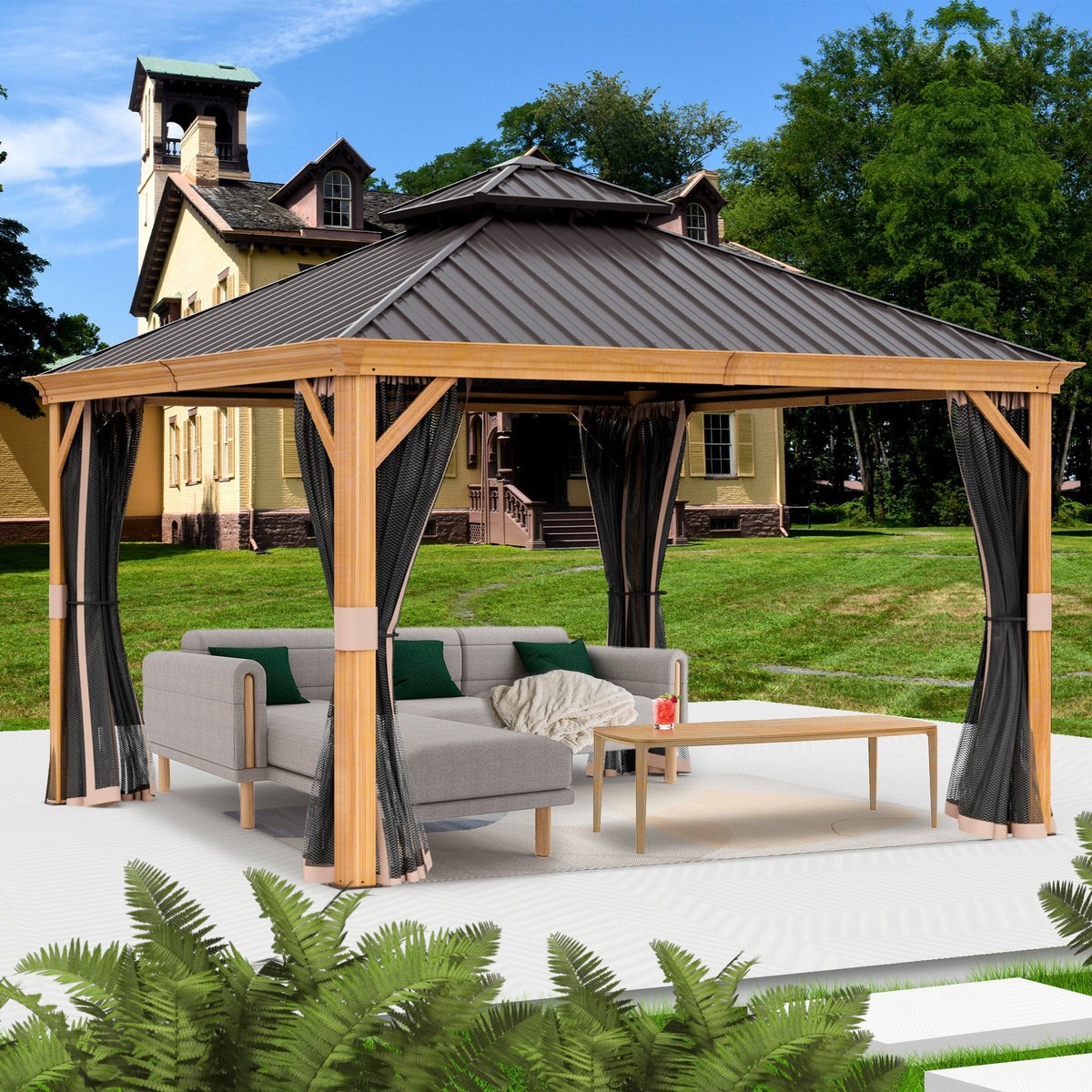 Kozyard Apollo 12’x12’ – Pavillon à toit rigide, structure en aluminium finition bois, double toit en acier galvanisé et moustiquaires, pavillon métallique permanent pour terrasse, deck et pelouse