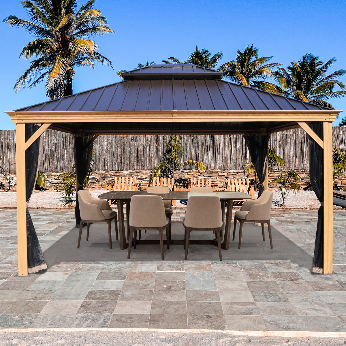 Kozyard Apollo 12’x14’ – Pavillon à toit rigide, structure en aluminium finition bois, double toit en acier galvanisé et moustiquaires, pavillon métallique permanent pour terrasse, deck et pelouse