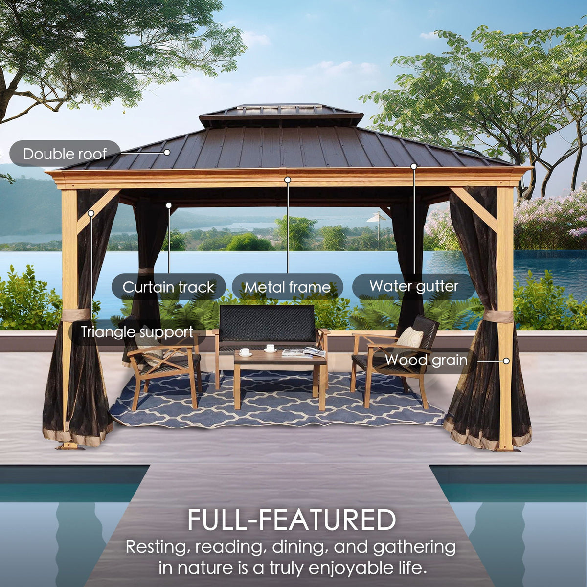 Kozyard Apollo 12ft x 16ft – Pavillon à toit rigide en aluminium, double toit en acier galvanisé et moustiquaire, pavillon métallique extérieur permanent pour terrasse, deck et pelouse