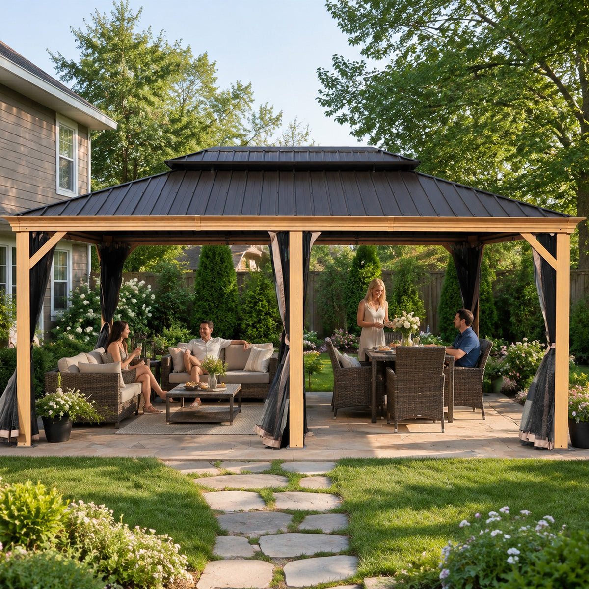 Kozyard Apollo 12’x18’ – Pavillon métallique permanent à toit rigide, structure en aluminium finition bois, double toit en acier galvanisé et moustiquaires
