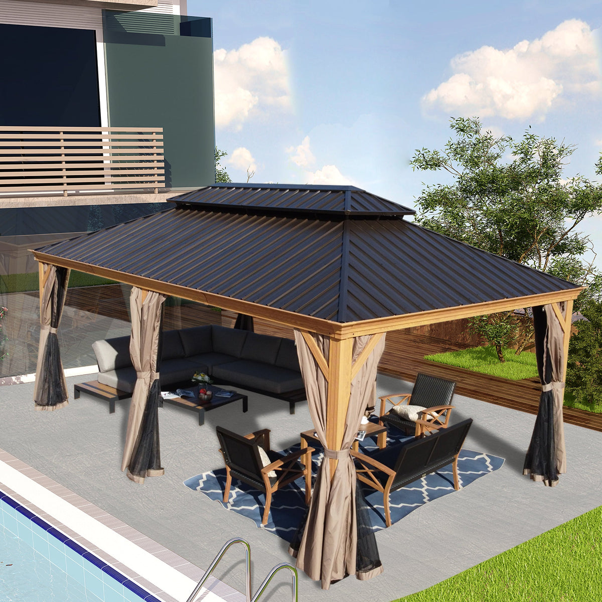 Kozyard Apollo 12’x20’ – Pavillon à toit rigide, structure en aluminium finition bois, double toit en acier galvanisé et moustiquaires, pavillon métallique permanent pour terrasse, deck et pelouse