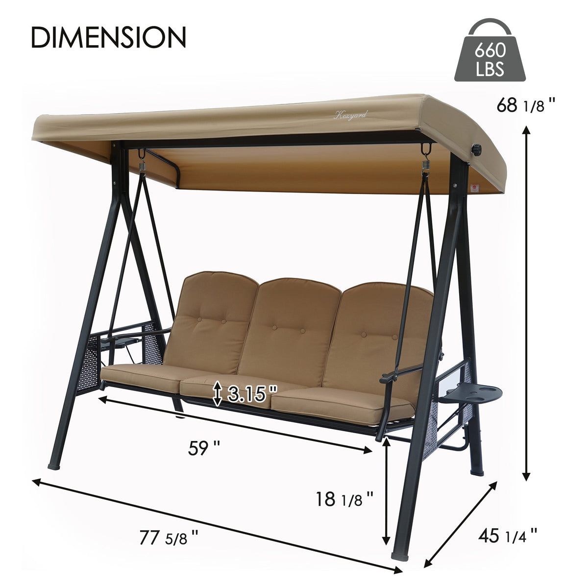 Kozyard Herbert Deluxe – Balancelle de terrasse 3 places avec support et auvent réglable, autoportante pour jardin, bord de piscine et balcon, résistante aux intempéries