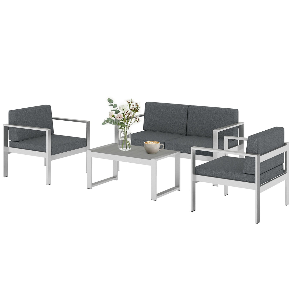 Ensemble canapé en aluminium 4 places avec table aspect bois et coussins en oléfine, gris foncé