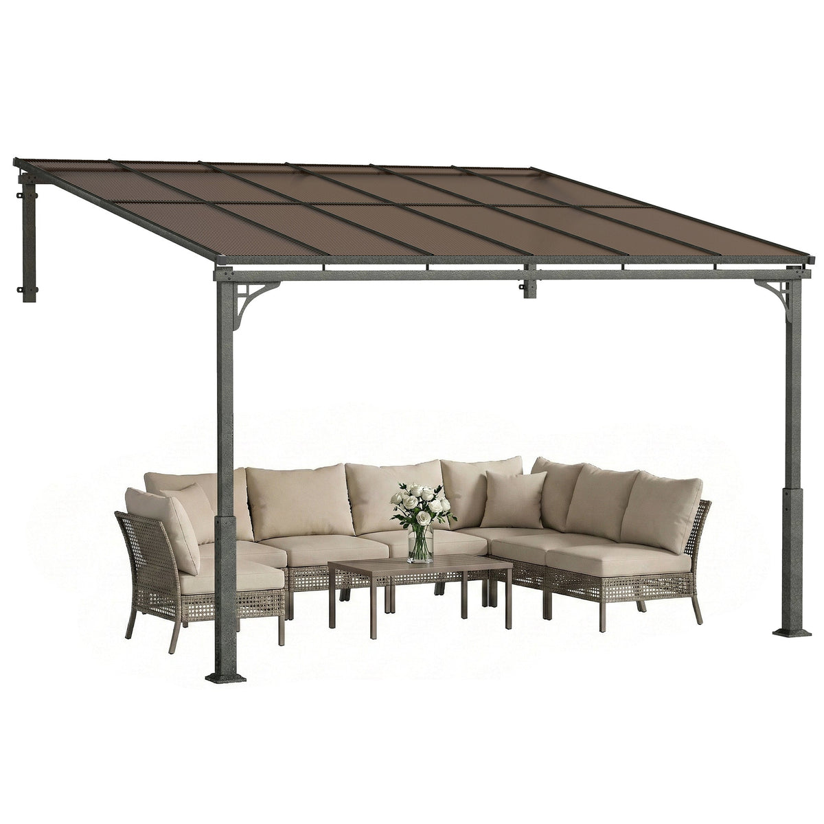 Pergola murale adossée 11' x 10' avec toit en polycarbonate, marron