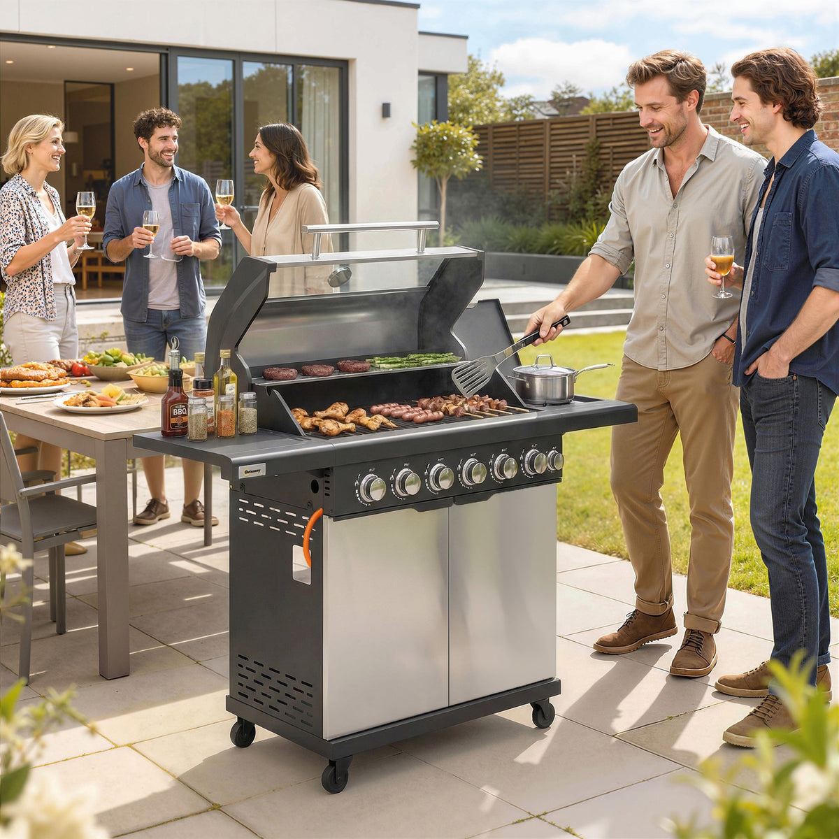Barbecue à gaz 6+1 brûleurs avec meuble et fenêtre de contrôle, Silver Tone