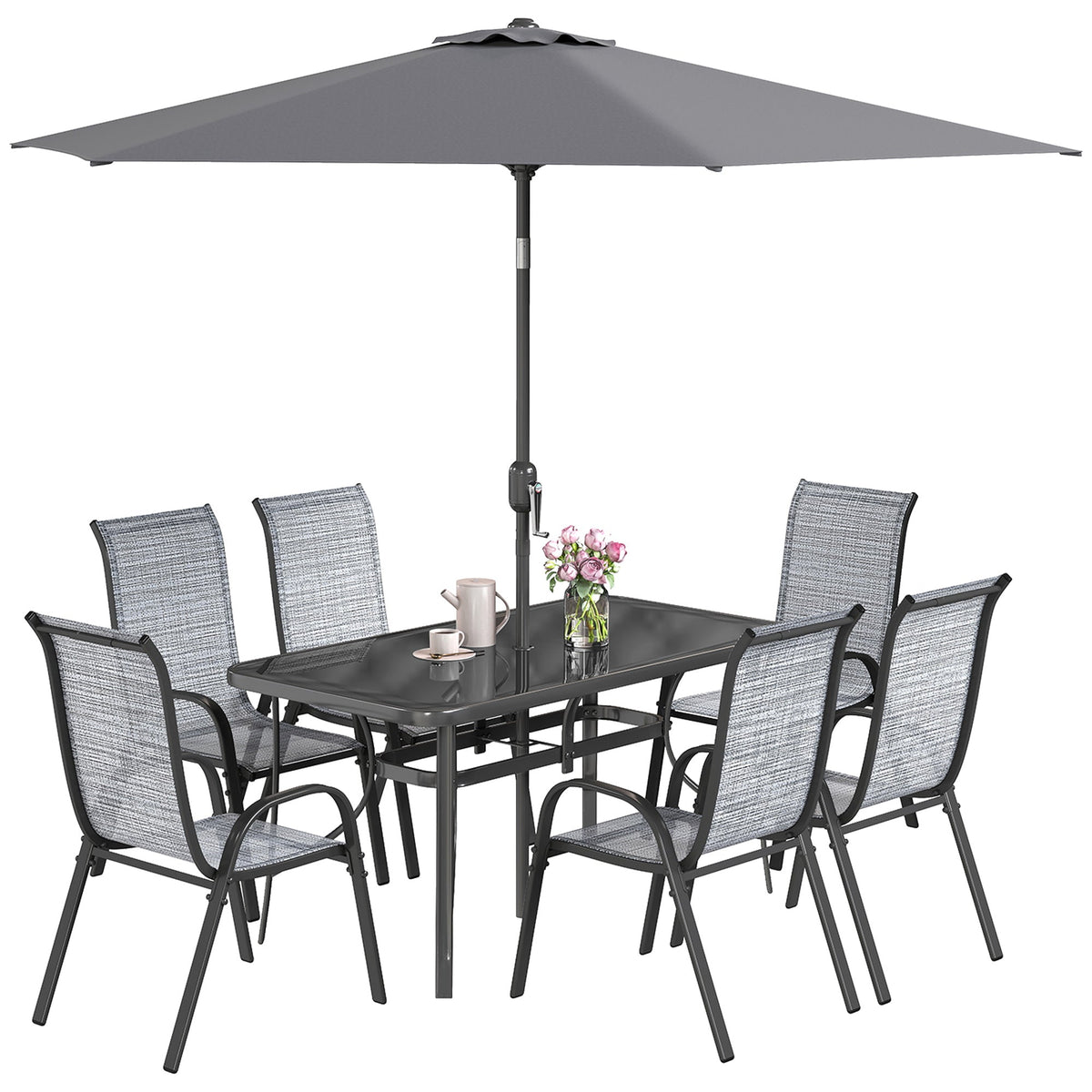 Ensemble repas de terrasse 8 pièces avec parasol 9 Ft, Mixed Gray