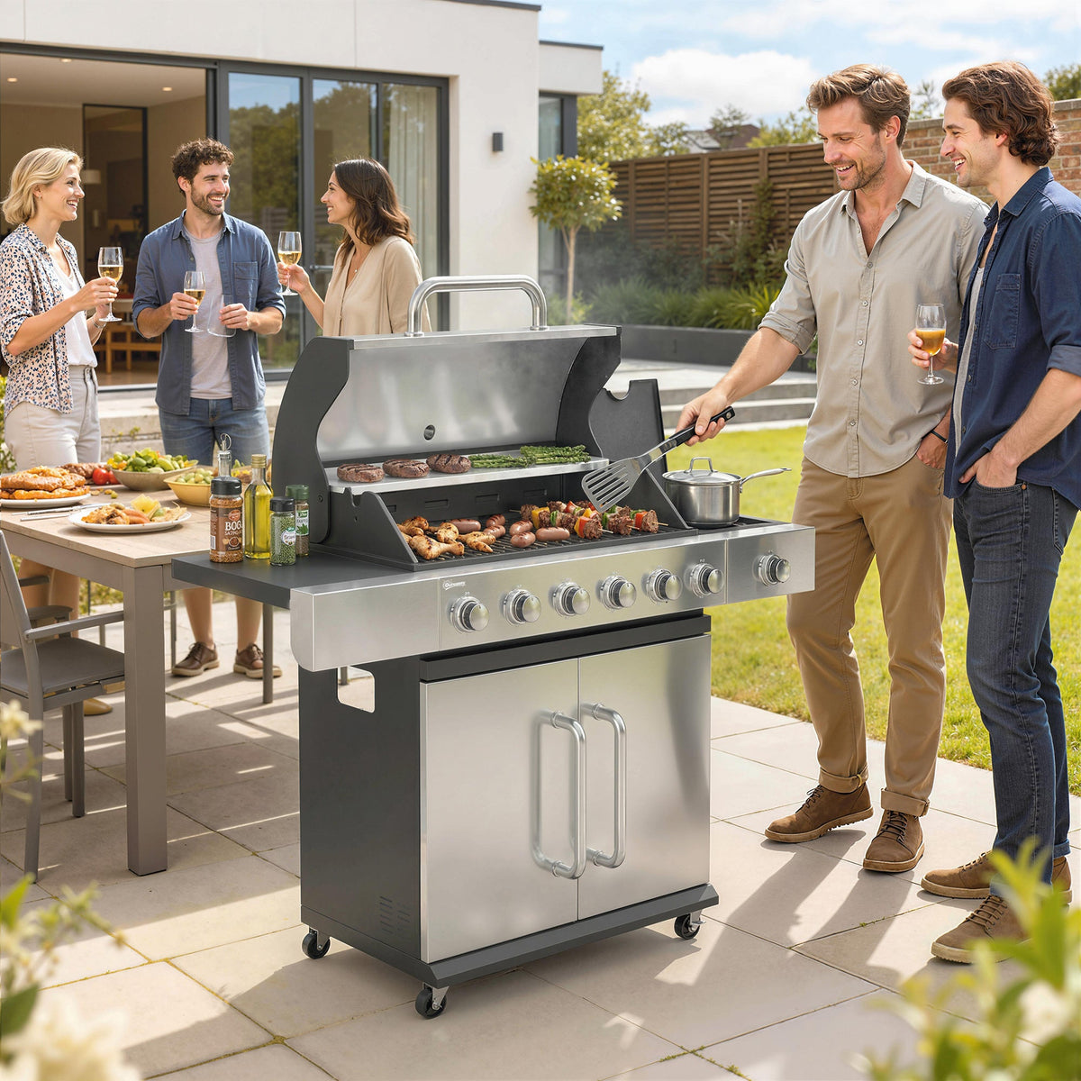 Barbecue au propane 6 brûleurs avec brûleur latéral, 63,000 BTU, grille de maintien au chaud et meuble