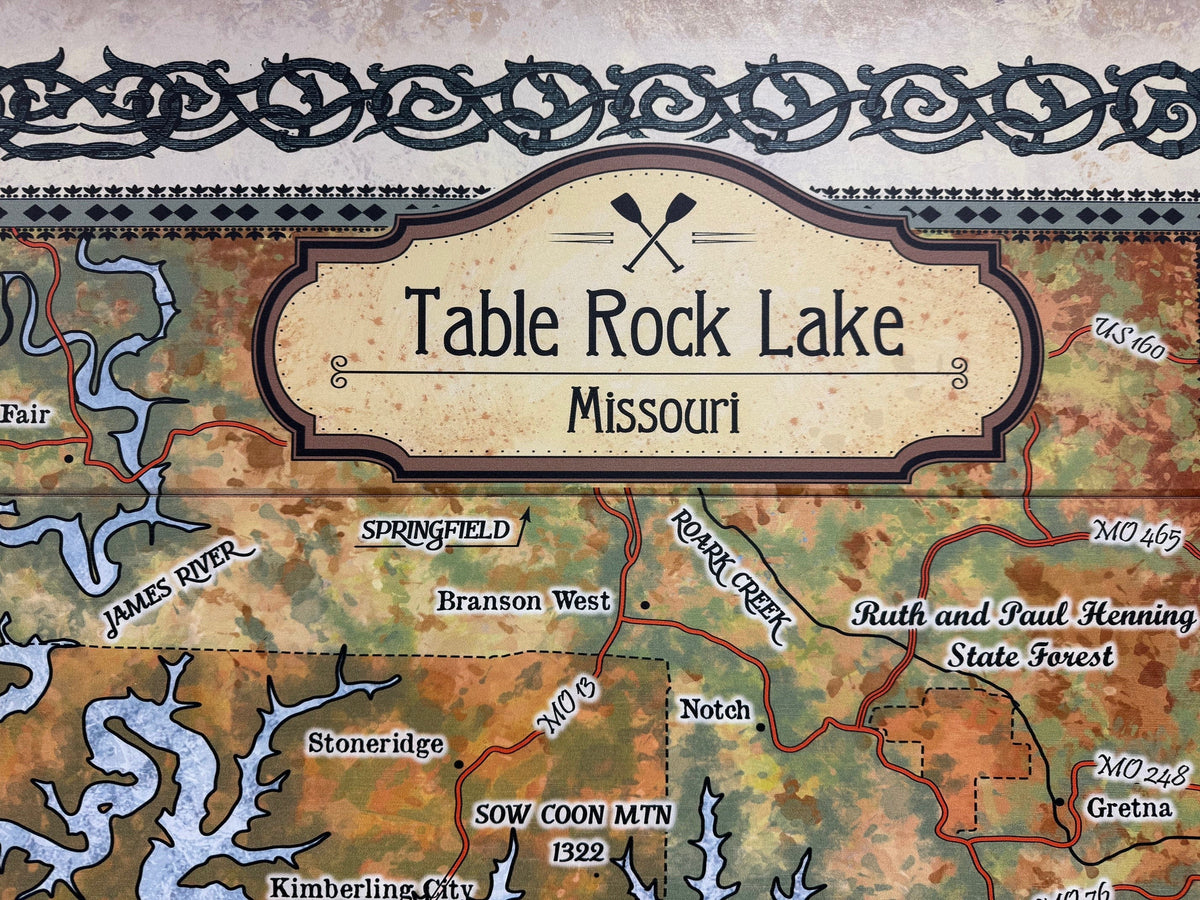 Meissenburg 48" x 65" – Grande carte vintage Historic Table Rock Lake Missouri, bois