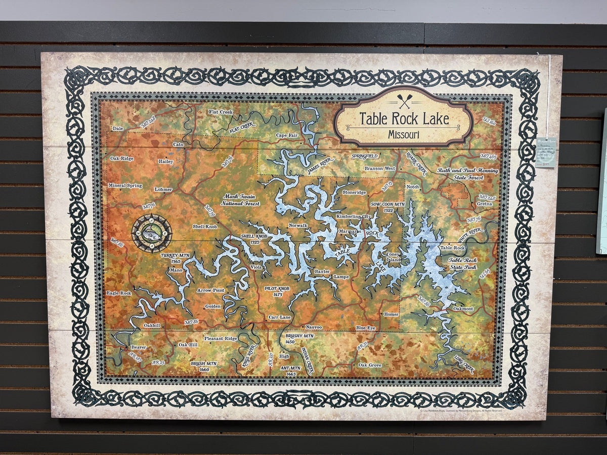 Meissenburg 48" x 65" – Grande carte vintage Historic Table Rock Lake Missouri, bois