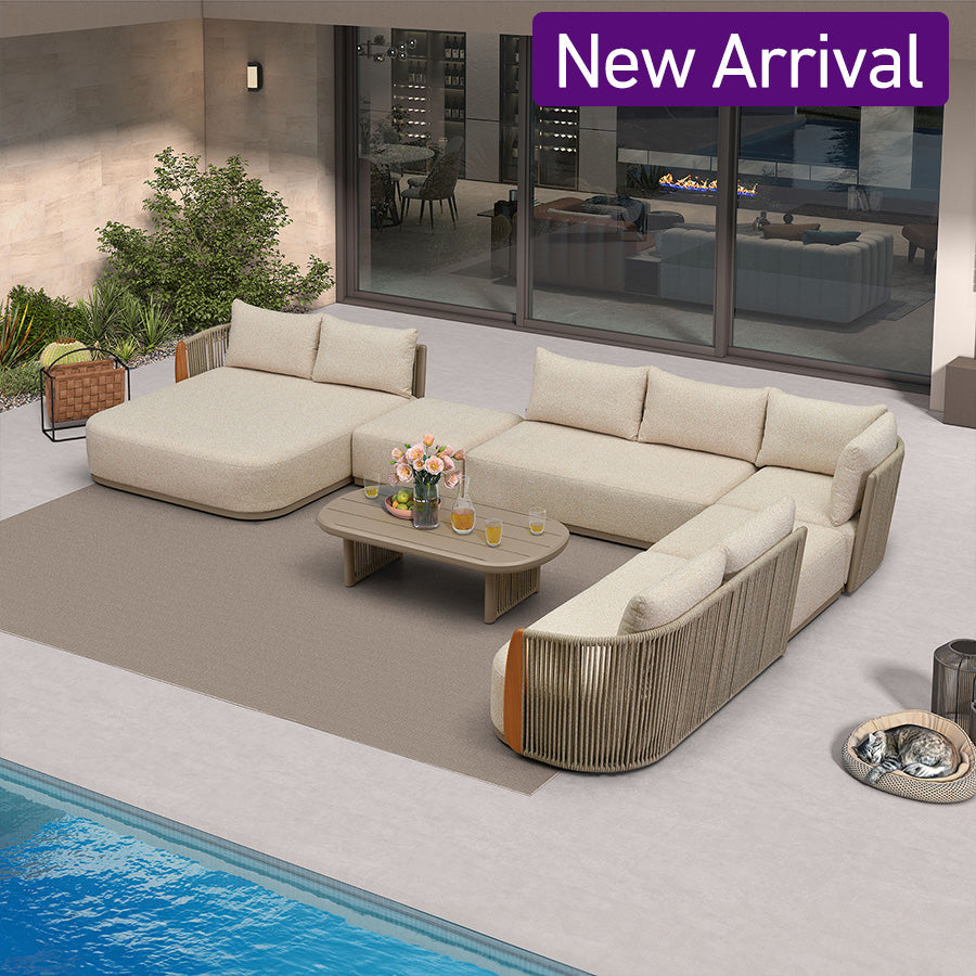 PURPLE LEAF Hailar – Ensemble salon de terrasse en L avec teck véritable, coussins et oreillers, dossier en corde oléfine pour jardin et porche