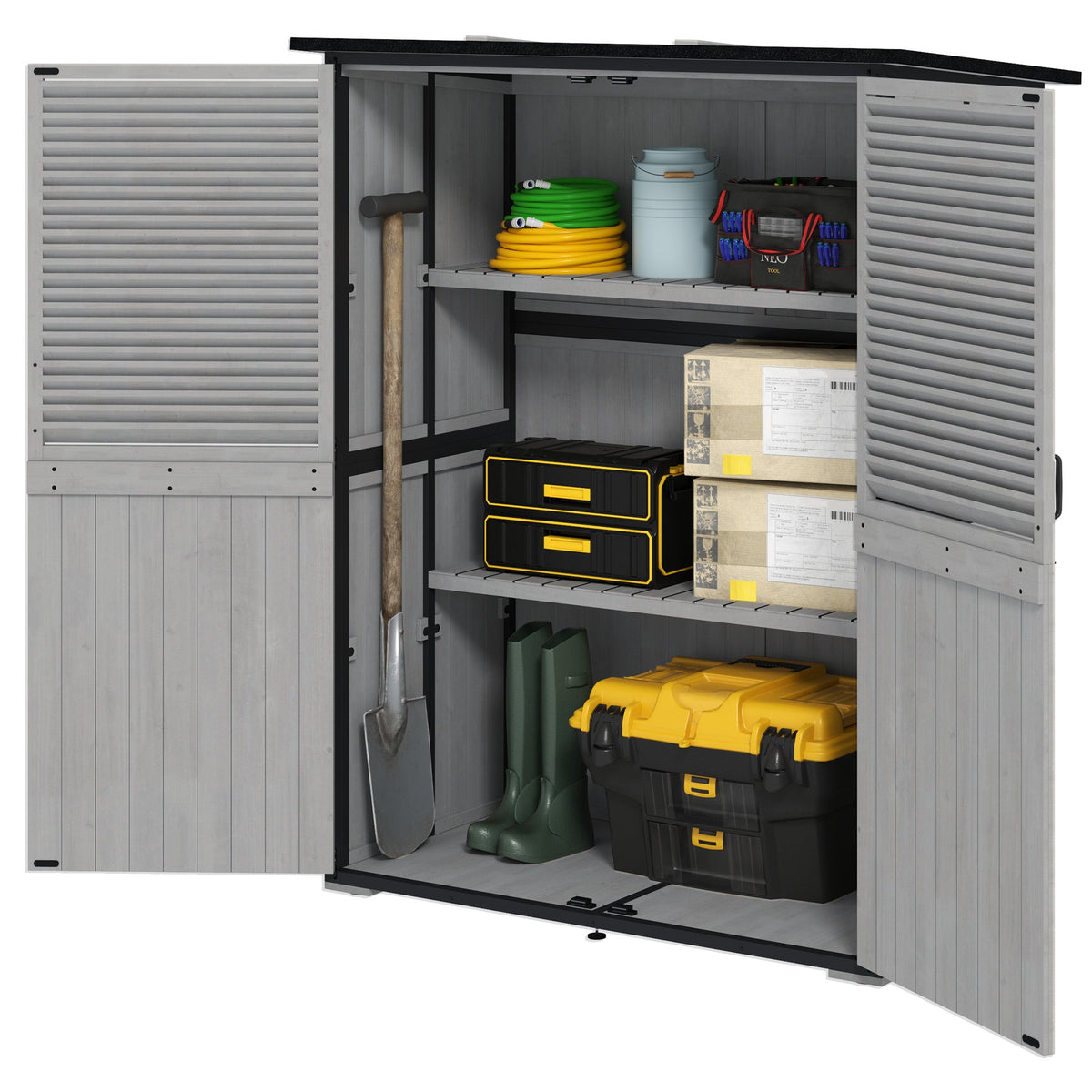 Armoire de rangement extérieure en bois avec serrure et étagères, grise