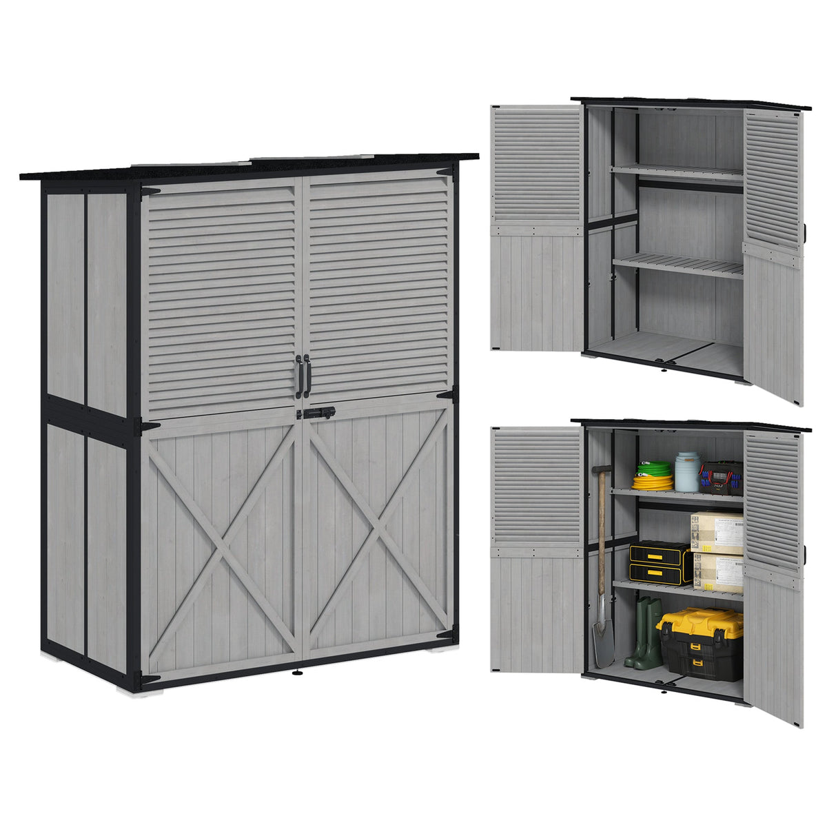 Armoire de rangement extérieure en bois avec serrure et étagères, grise