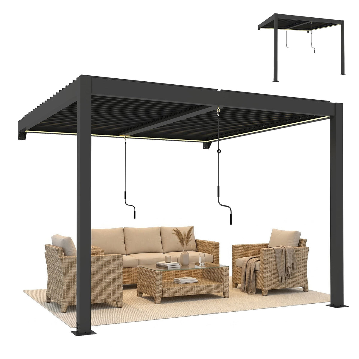 Pergola à lames orientables 3 x 3 m gris foncé avec toit métallique réglable et éclairage LED