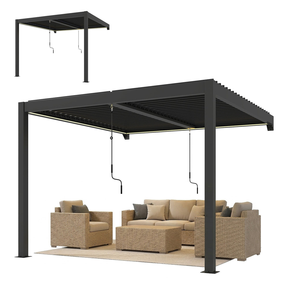 Pergola à lames orientables 3 x 3 m gris foncé avec toit métallique réglable et éclairage LED