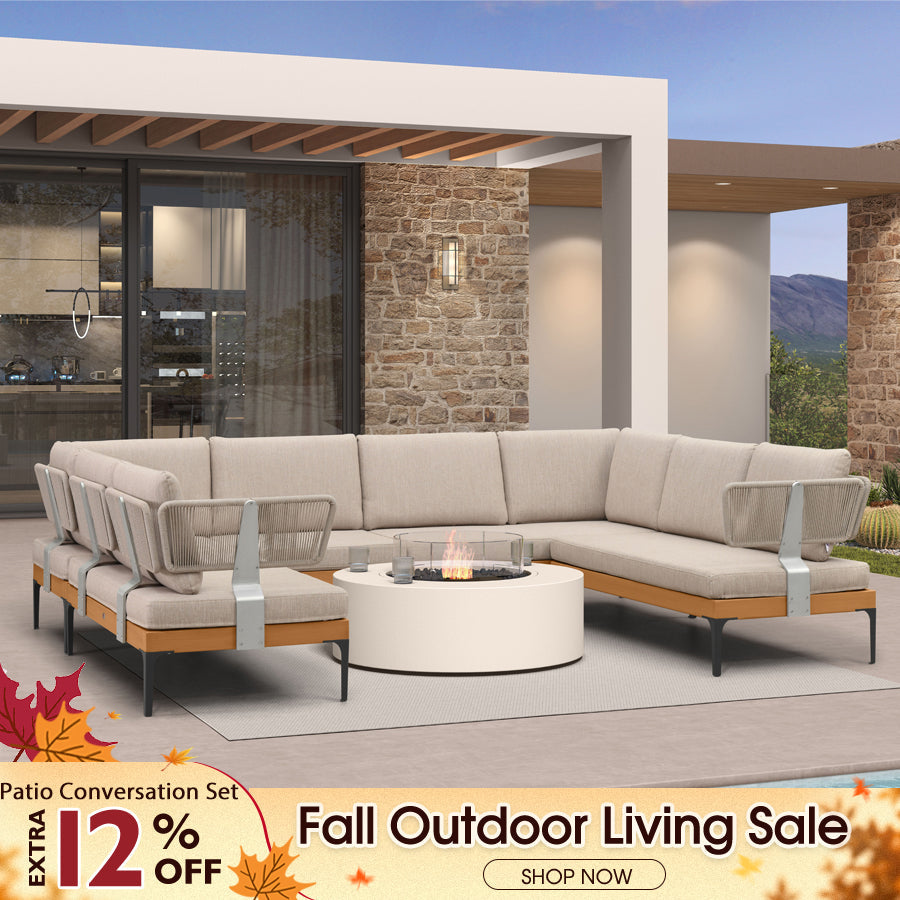 PURPLE LEAF Sicilia – Canapé d’angle extérieur modulaire en U avec coussins Oatmeal Greige, configuration flexible pour porche et jardin